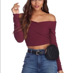 Long sleeve crop top off shoulder